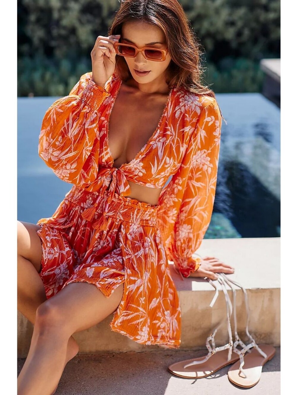 Anthropologie Printed Gauze Tie Front Top and Mini Skirt Set